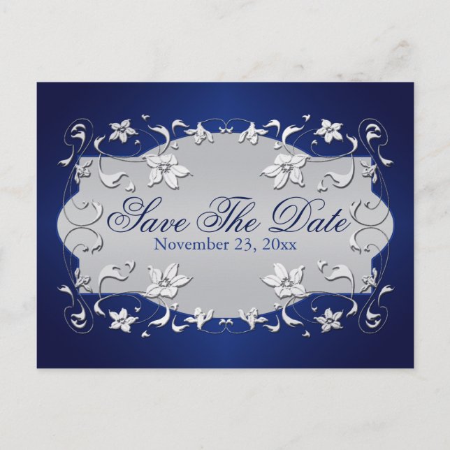 Faire-part Carte postale Navy, floral argenté, coeurs pour an (Devant)