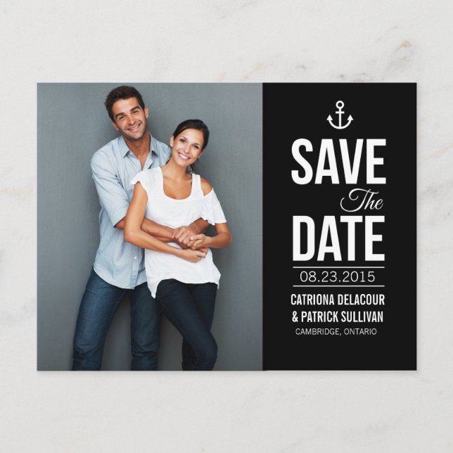 FAIRE-PART CARTE POSTALE NOIR ET BLANC NAUTIQUE SAVE THE DATE (Devant)