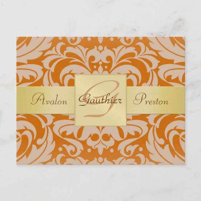 Faire-part Carte postale Orange Damask Gold Monogram Save The (Devant)