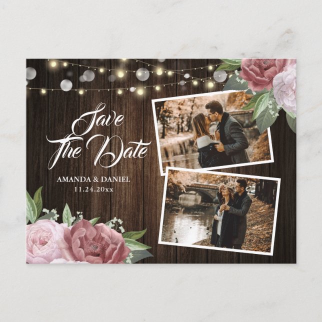 Faire-part Carte postale photo de mariage rustique rose blush (Devant)