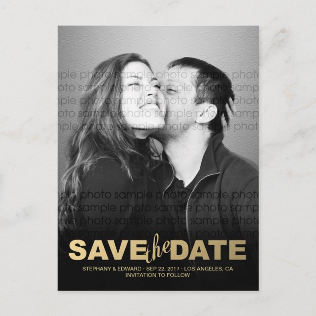 Faire-part Carte postale photo de save the date en faux or él (Devant)