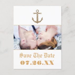 Faire-part Carte postale photo glamour pailletée or d'ancre n