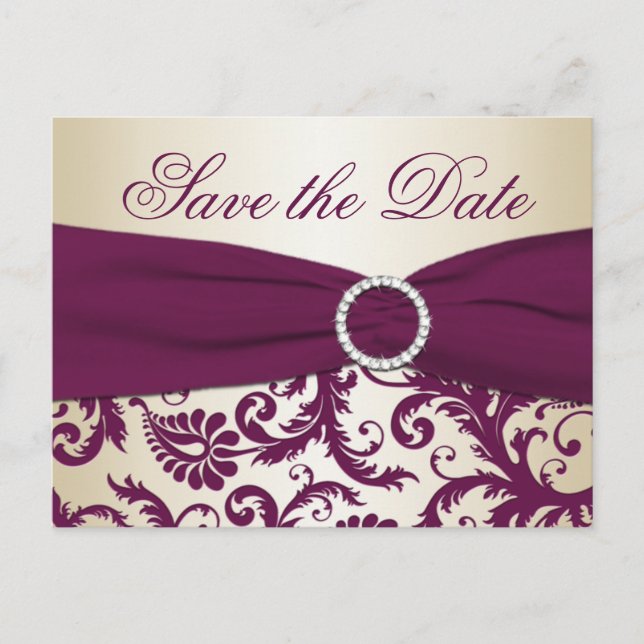 Faire-part Carte postale Plum et Champagne Damask Save the Da (Devant)