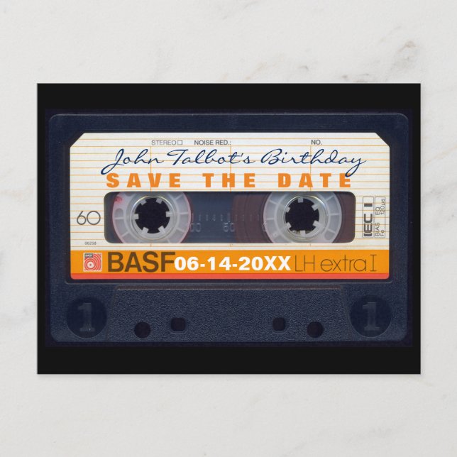 Faire-part Carte postale pour les 60 ans avec cassette audio  (Devant)