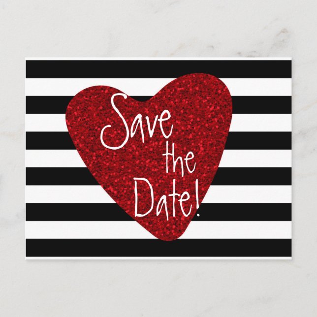 Faire-part Carte postale rayée noir et blanc à coeur en paill (Devant)