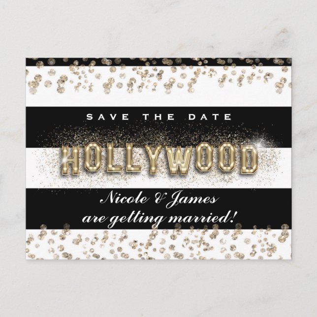 Faire-part Carte postale Rayures noir et blanc Gold Hollywood (Devant)