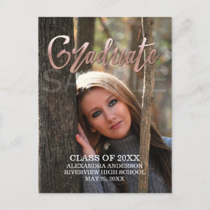 Faire-part Carte postale rose Gold Faux Foil Photo Graduation