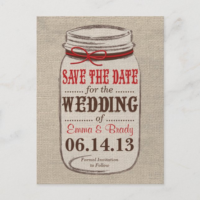 Faire-part Carte postale 'Rustic Burlap & Mason Jar Save the  (Devant)