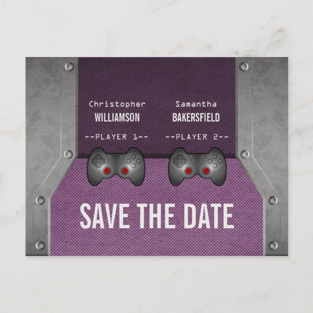 Faire-part Carte postale "Sauvez la date" sur le thème de jeu (Devant)