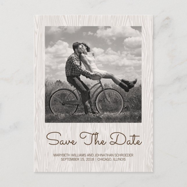 Faire-part Carte postale 'Save The Date' à motif de bois rust (Devant)