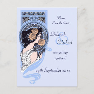 Faire-part Carte postale "Save the Date" art nouveau bleu