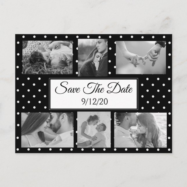 Faire-part Carte postale Save the Date avec points noir et bl (Devant)