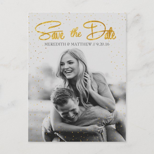 Faire-part Carte Postale Save the Date Confetti Feuille Dorée (Devant)