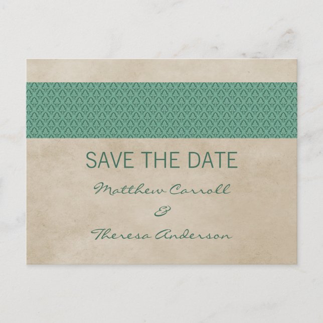 Faire-part Carte postale "Save the Date" en damas rustique ve (Devant)