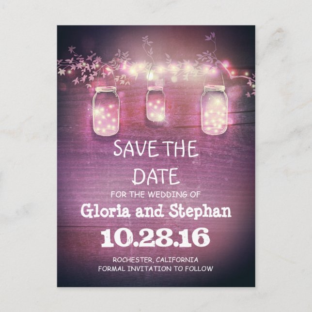 Faire-part carte postale SAVE THE DATE rustique avec lampions (Devant)