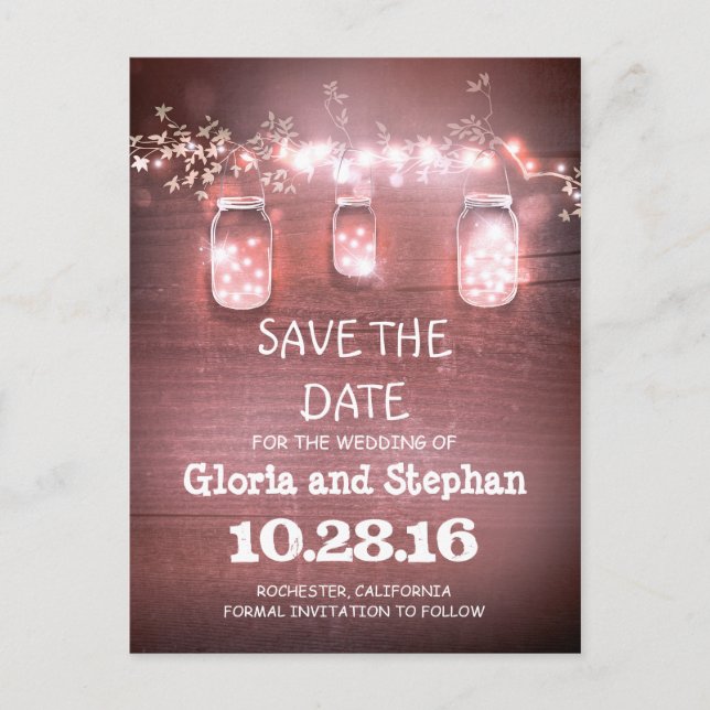 Faire-part carte postale SAVE THE DATE rustique avec lampions (Devant)