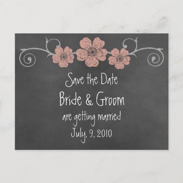 Faire-part Carte postale 'Wild Peach Roses Chalkboard Save th (Devant)