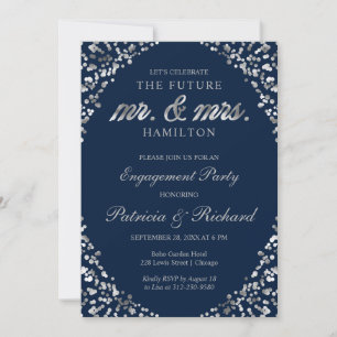 Faire-part Carton d'invitation de fiançailles Bleu Argent Con