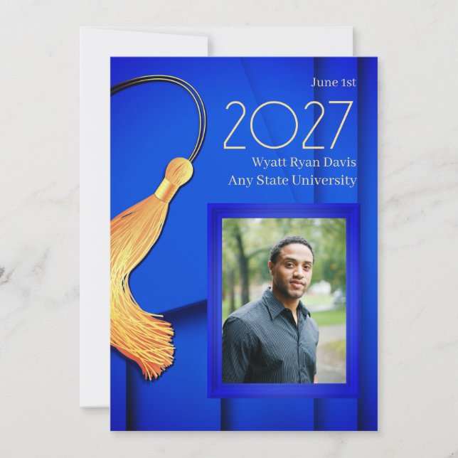 Faire-part Casquette bleu et gobelet avec bâton or (Devant)