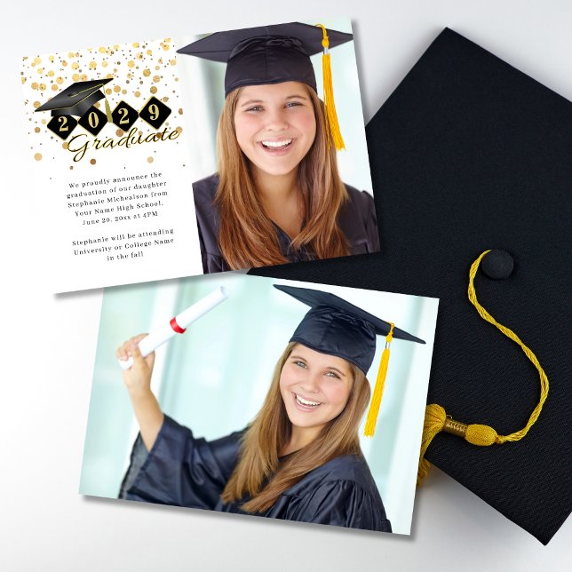 Faire-part Casquette de graduation classique Black Gold Photo (Classic Graduation Cap Black Gold Photo Announcement)