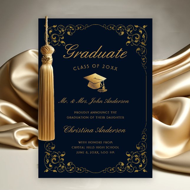 Faire-part Casquette Gold Ivy Script de Parents Licence de Ma (Gold Ivy Leaf on Dark Navy Blue Graduation Announcement from Parents
)
