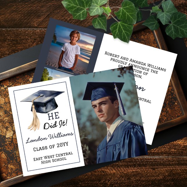 Faire-part Casquette Grad Il L'A Fait 3 Diplôme Photo (Grad Cap "HE Did It!" Graduate 3 Photo Collage High School or College Graduation Announcement)