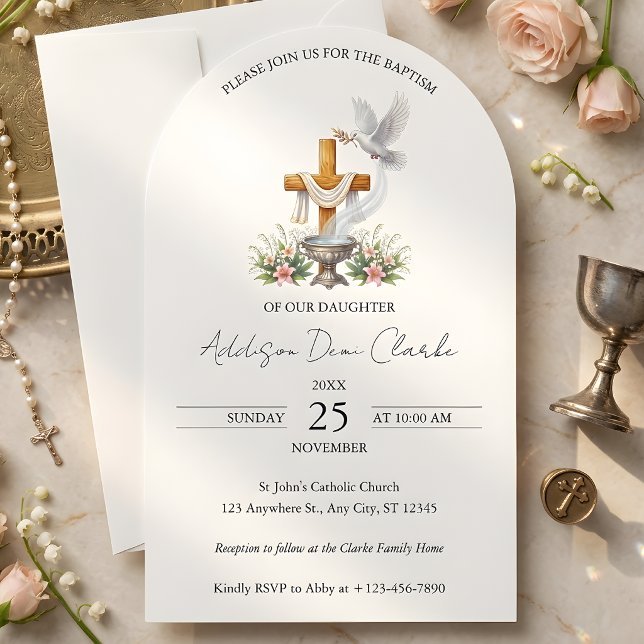 Faire-part catholique de baptême d'Arche élégante (Elegant Arch Catholic Baptism Invitation)