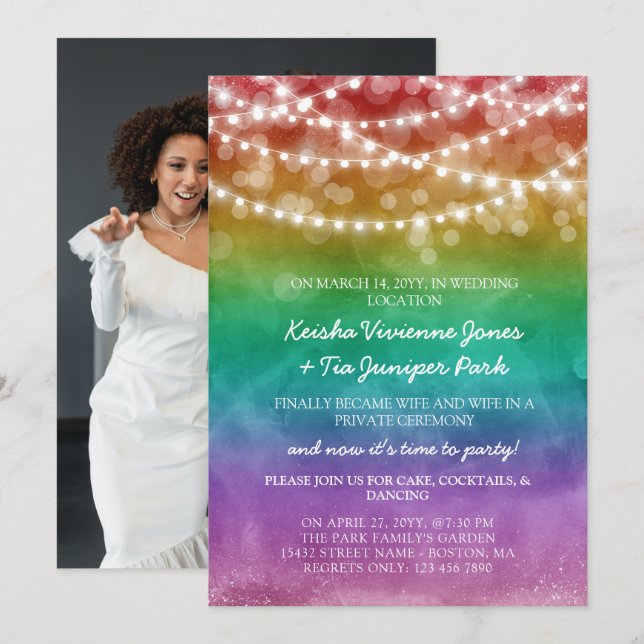 Faire-part Célébration de fuite amoureuse avec guirlande lumi (Devant / Derrière)