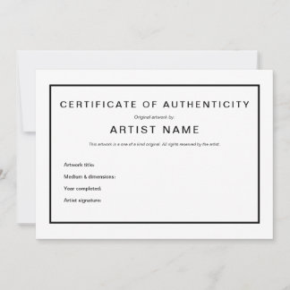 Faire-part Certificat d'authenticité moderne pour l'art