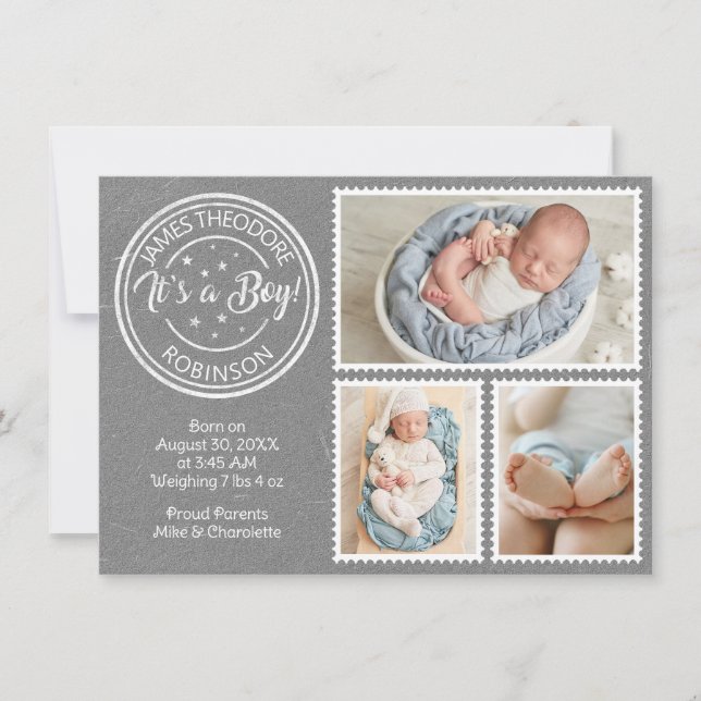 Faire-part C'est un garçon ! Timbres-poste (Devant)