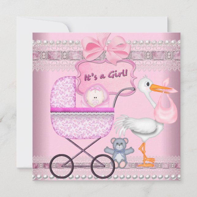 Faire-part C'est une annonce de bébé fille Landau rose (Devant)