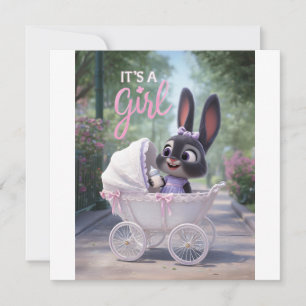 Faire-part C'est une fille : bébé lapin dans un landau en den