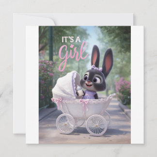 Faire-part C'est une fille : bébé lapin dans un landau en den