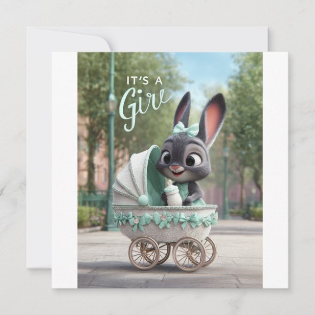 Faire-part C'est une fille bébé : Lapin mignon dans un landau (Devant)