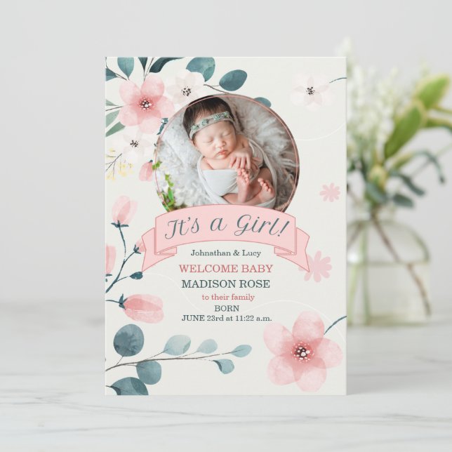 Faire-part C'est une Fille Naissance Turquoise et des fleurs  (Debout devant)