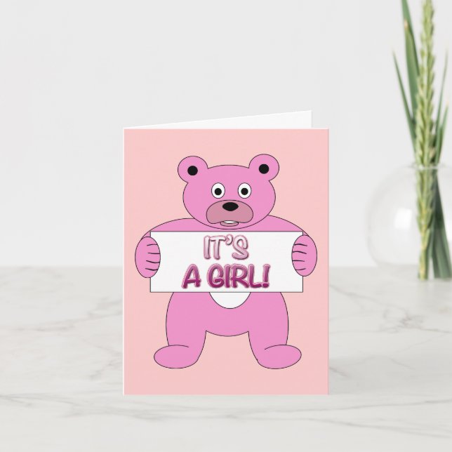 Faire-part C'est une fille rose ours (Devant)