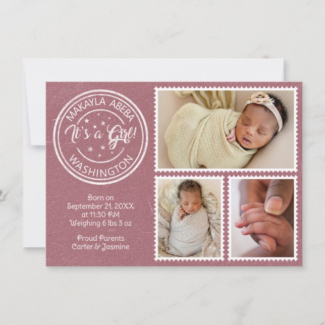 Faire-part C'est une fille ! Timbres-poste (Devant)