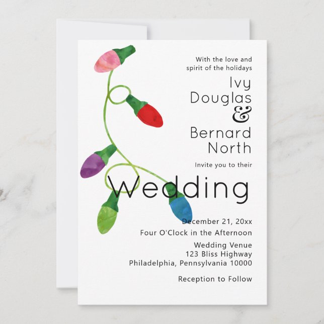 Faire-part Chaîne de lumières de Noël colorées, Mariage (Devant)