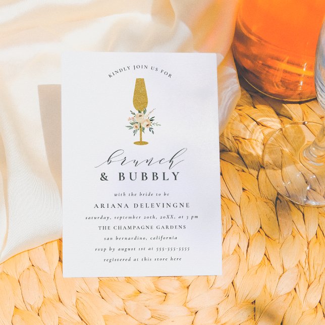 Faire-part Champagne d'or Aquarelle Brunch Floral & Bubbly (Créateur téléchargé)