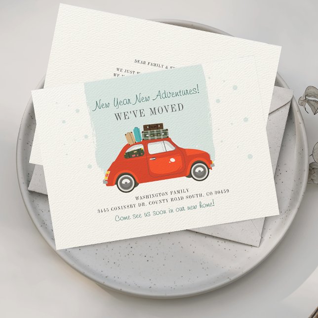 Faire-part Changement d’adresse en mouvement (New Year Moving Adventure Announcement Red Car)