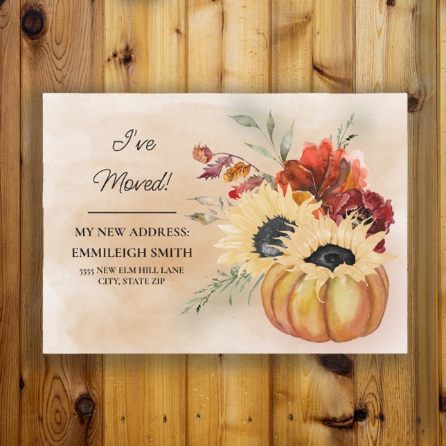 Faire-part Changement d'adresse Fleurs de citrouille Automne  (Pumpkins and sunflowers fall/autumn change of address moving announcement)