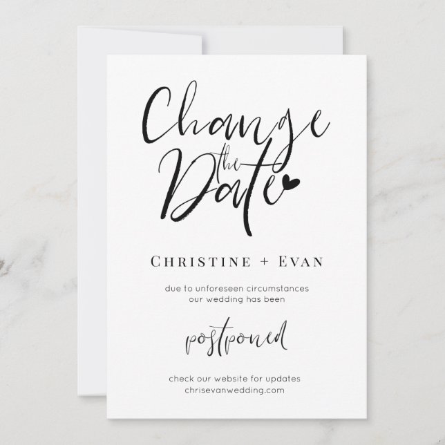 Faire-part Changement de date de mariage en typographie minim (Devant)