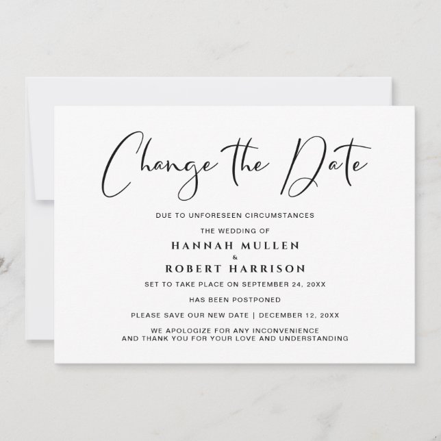 Faire-part Changement de date de mariage Report Noir Blanc (Devant)