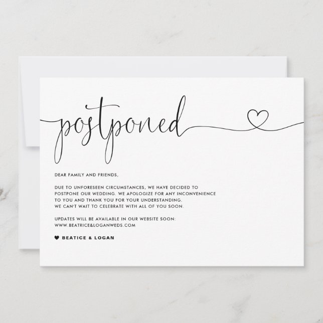 Faire-part Changement de plans de mariage élégant Reporté (Devant)