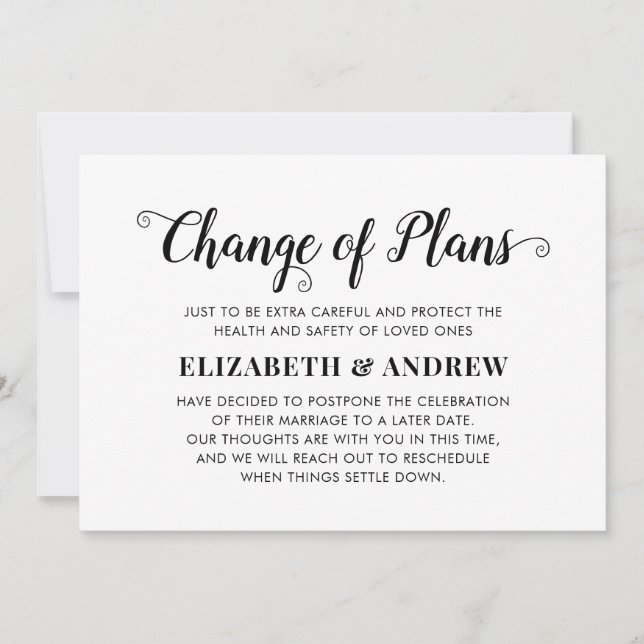Faire-part Changement de plans Mariage reporté Écriture éléga (Devant)