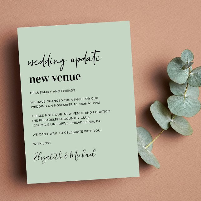 Faire-part Changement de plans Nouveau lieu Mise à jour du ma (A chic change of venue announcement. Our user-friendly template allows you to easily customize)