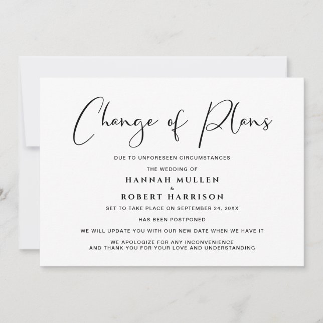 Faire-part Changement de plans Report annulé Noir Blanc (Devant)