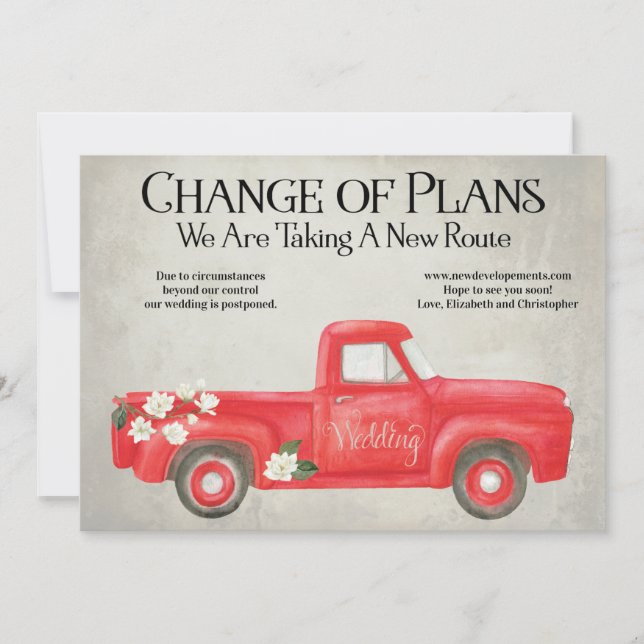 Faire-part Changement de plans report de mariage camion rouge (Devant)