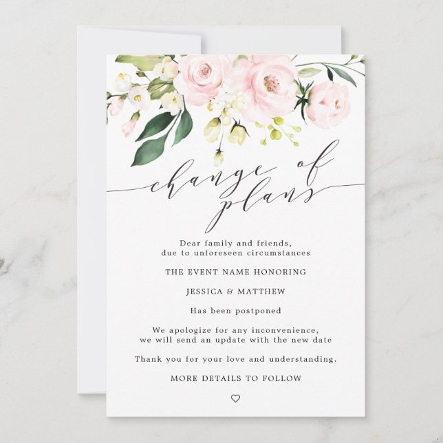 Faire-part Changement de Plans Reporté Blush Fleurs de Mariag (Devant)