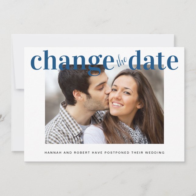 Faire-part Changer la date Photo Classique Bleu Mariage Moder (Devant)